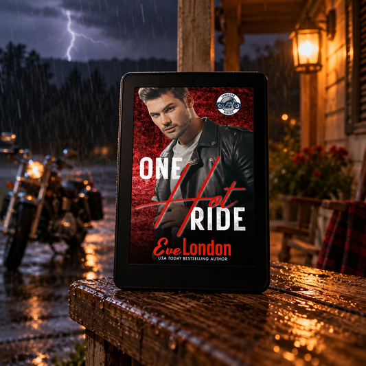 One Hot Ride by Eve London on an e-reader on a rainy porch, motorcycle and lightning behind