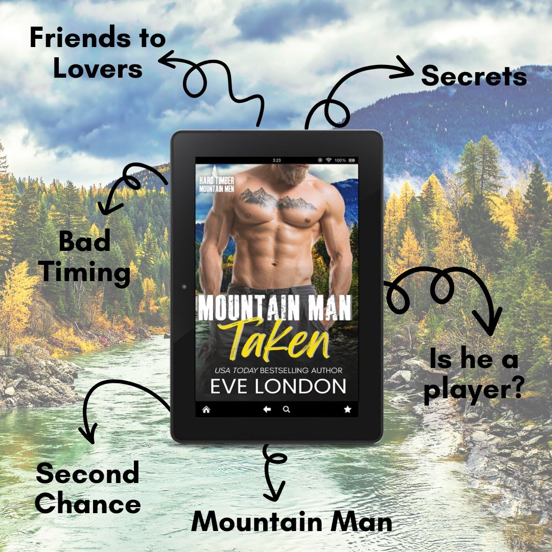 Tropes in Mountain Man Taken by Eve London – steamy small-town friends to lovers, second chance, and curvy heroine mountain man romance set in Hard Timber, Montana